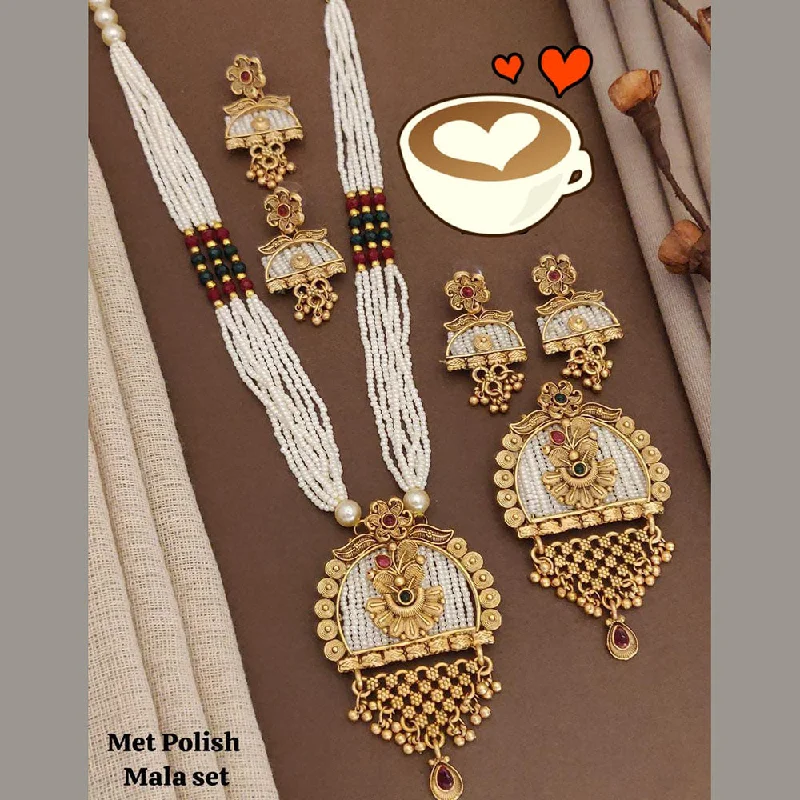 Diamond Necklace for Women-FS Collection Gold Plated Pota Stone And Pearls Long Necklace Set