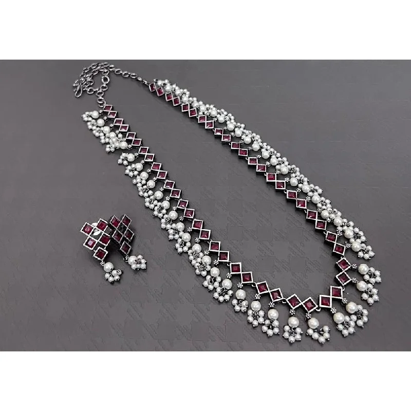 Unique Charm Necklace-Akruti Collection Oxidised Plated Pearl And Pota Stone Long Necklace Set