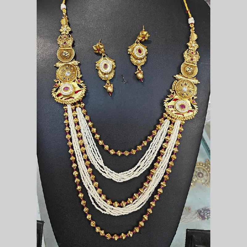 Rose Gold Pendant Necklace-Manisha Jewellery Gold Plated Pota Stone And Pearls Long Necklace Set