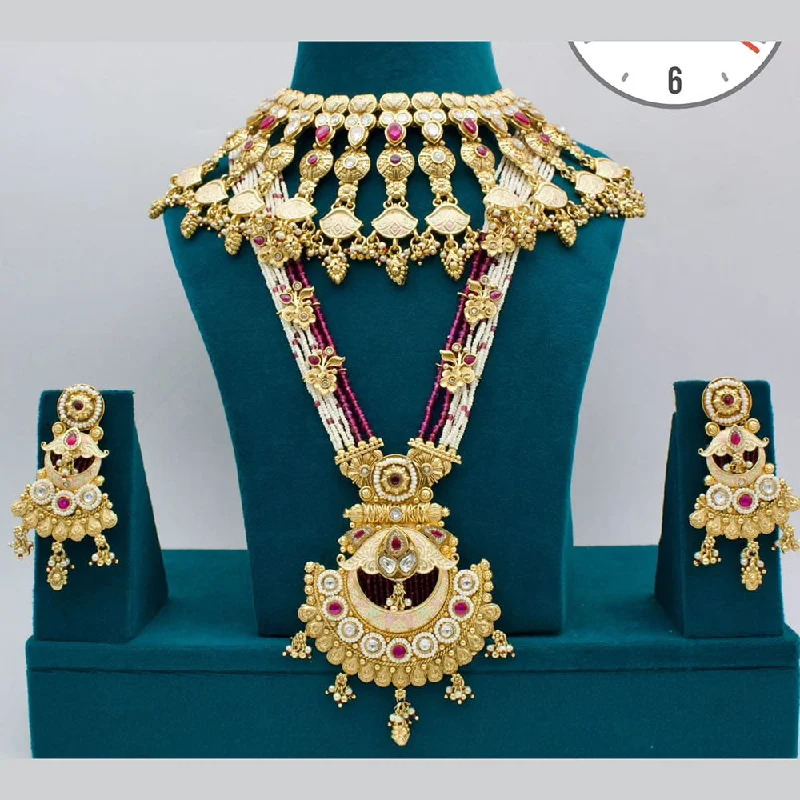 Layered Pendant Necklace-Kavita Art Gold Plated Pota Stone And Pearls Meenakari Double Necklace Set