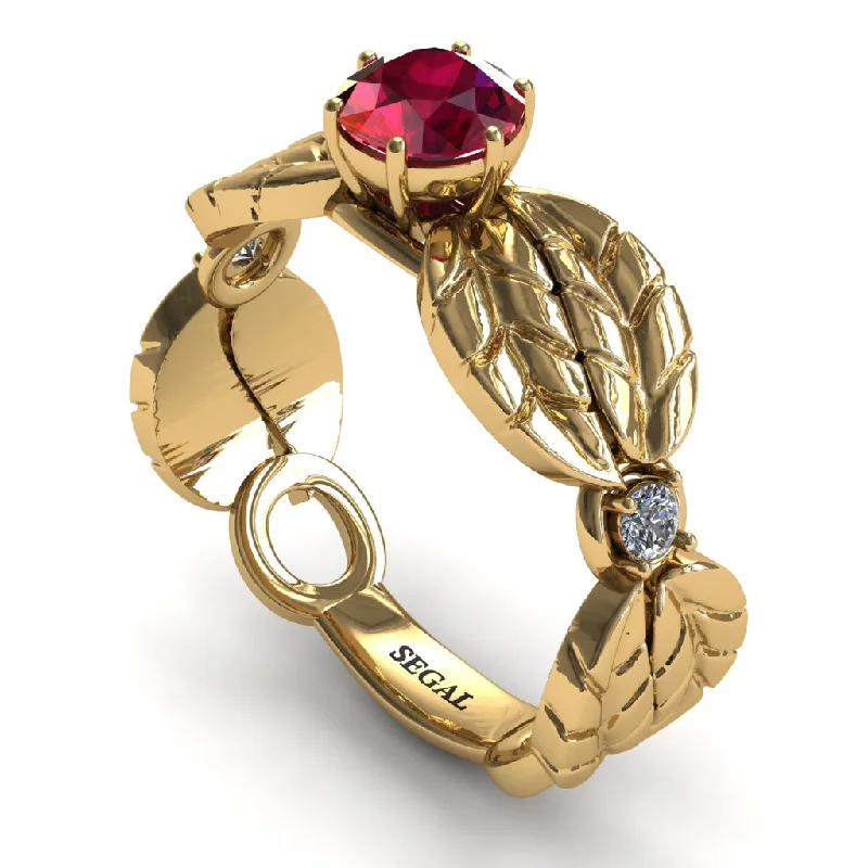 Classic Gold Ring-Unique Engagement Ring 14K Yellow Gold Leafs Vintage Ruby With White diamond - Scarlett No. 4