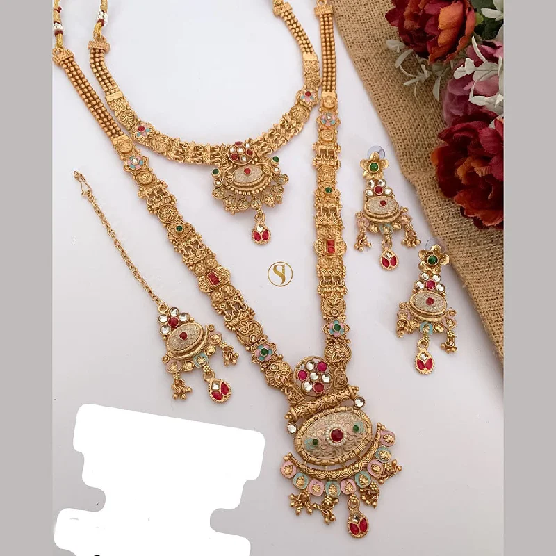 Trendy Gold Pendant Necklace-FS Collection Gold Plated Pota Stone And Meenakari Double Necklace Set