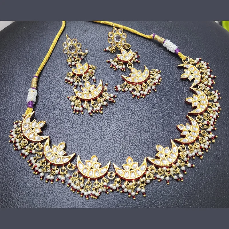 Rose Gold Pendant Necklace-FS Collection Gold Plated Kundan Stone And Pearls Choker Necklace Set