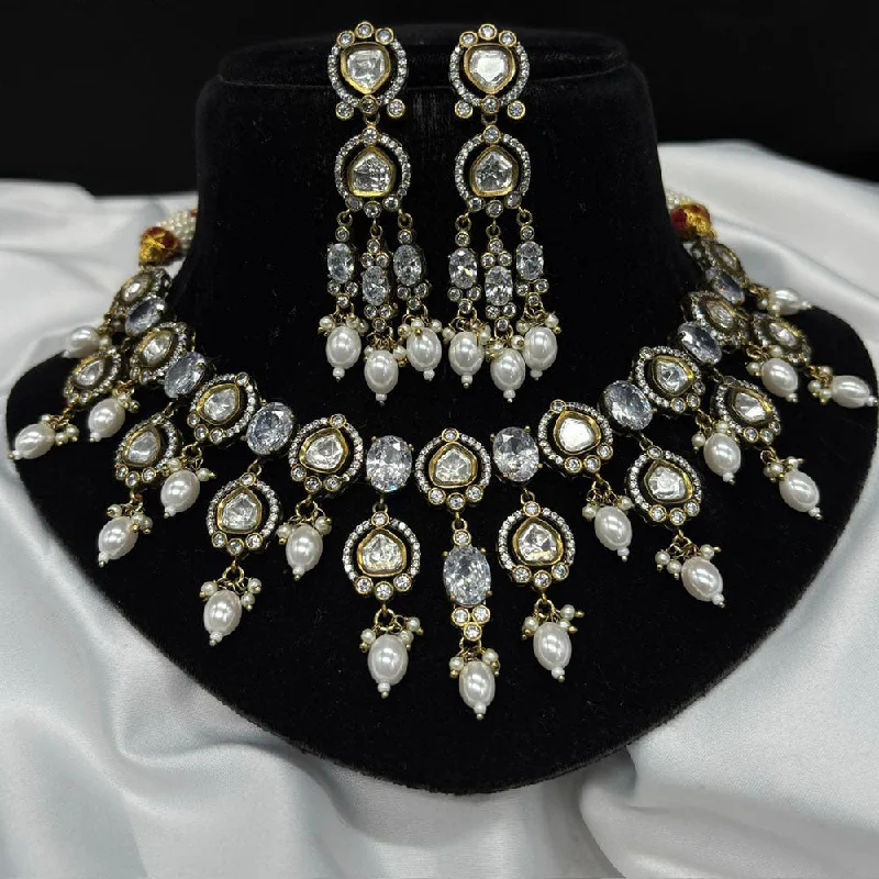 Unique Gemstone Necklace-Royal Kundan Jewellery Gold Plated Polki Kundan And Pearls Choker Necklace Set