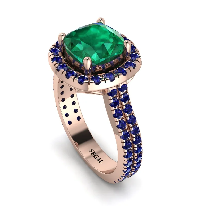 Classic Wedding Ring Set-Gorgeous Cushion Cut Emerald Pave Double Shank Engagement Ring With Hidden Stone - Kira No. 65