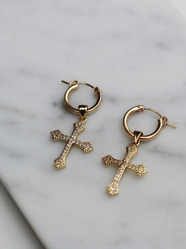 Classic Gold Earrings-Royalty Cross Hoops