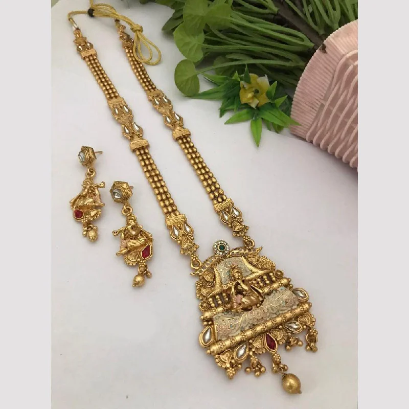 Personalized Name Plate Necklace-FS Collection Gold Plated Kundan Stone And Meenakari Lord Ganesha Necklace Set