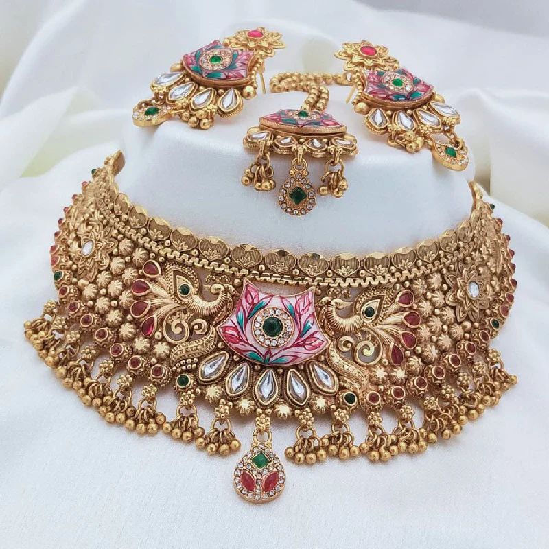 Colorful Necklace with Gemstones-Akruti Collection Gold Plated Pota Stone And Pearls Meenakari Choker Necklace Set