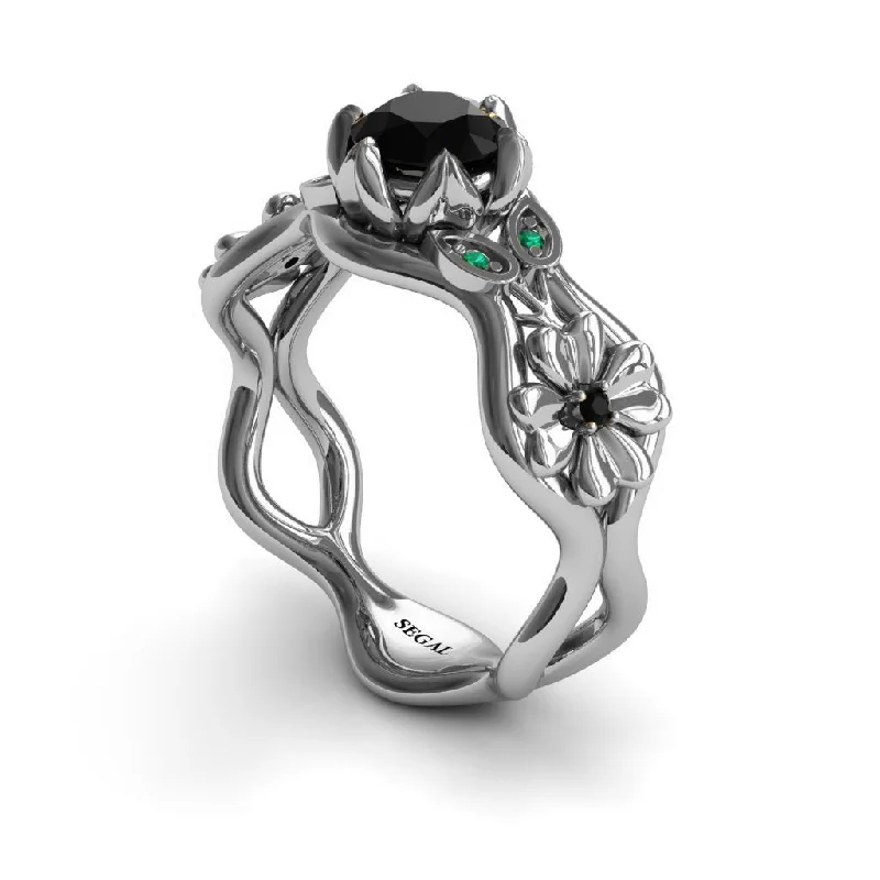 Round Diamond Ring-3 Stones Flower Cocktail Ring Black Diamond Ring- Kaylee no. 12