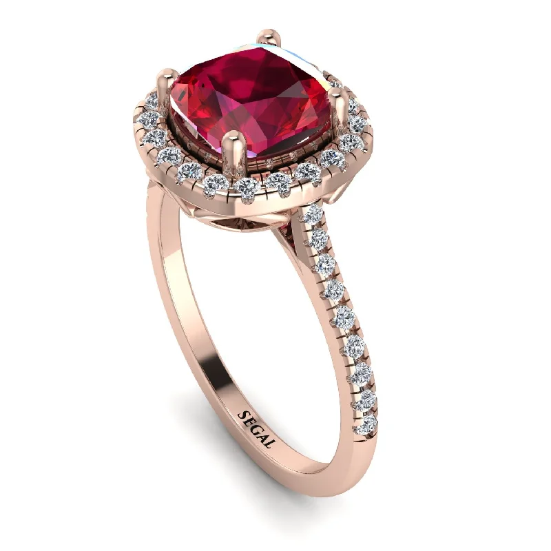 Unique Gold Engagement Ring-Gorgeous Cushion Cut Ruby Pave Engagement Ring With Hidden Stone - Kira No. 11