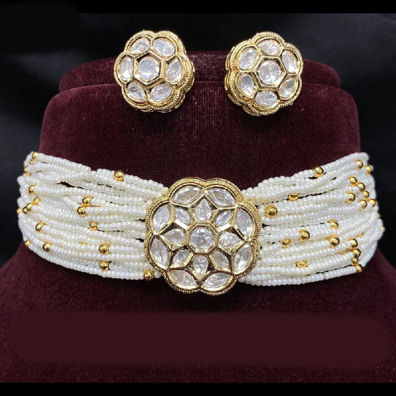 Double Layer Gold Necklace-Amoliya Jewels Gold Plated Polki Kundan Stone And Pearls Choker Necklace Set