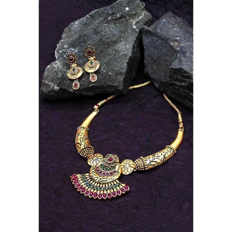 Trendy Gold Pendant Necklace-Darshana Jewels Gold Plated Pota Stone  Necklace Set