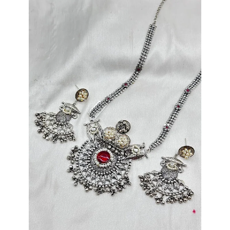 Simple Gemstone Necklace-Akruti Collection Oxidised Plated Pota Stone Necklace Set