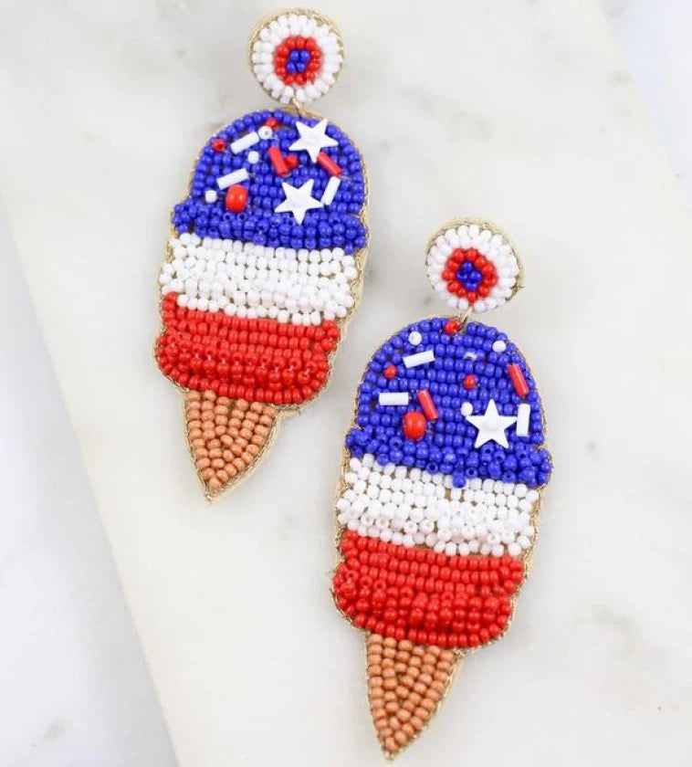 Elegant Crystal Earrings-Beaded Earrings, Patriotic Ice Cream Cones