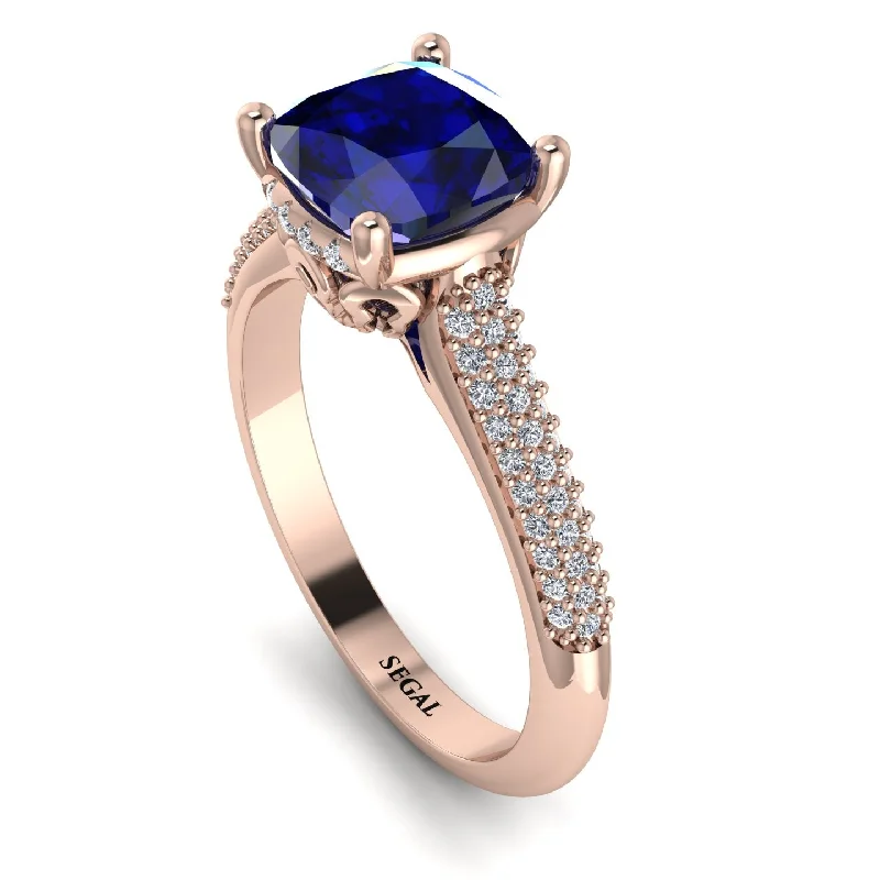 Classic Wedding Ring Set-Luxury Pave Cushion Cut Sapphire Engagement Ring With Hidden Stone - Esmeralda No. 14