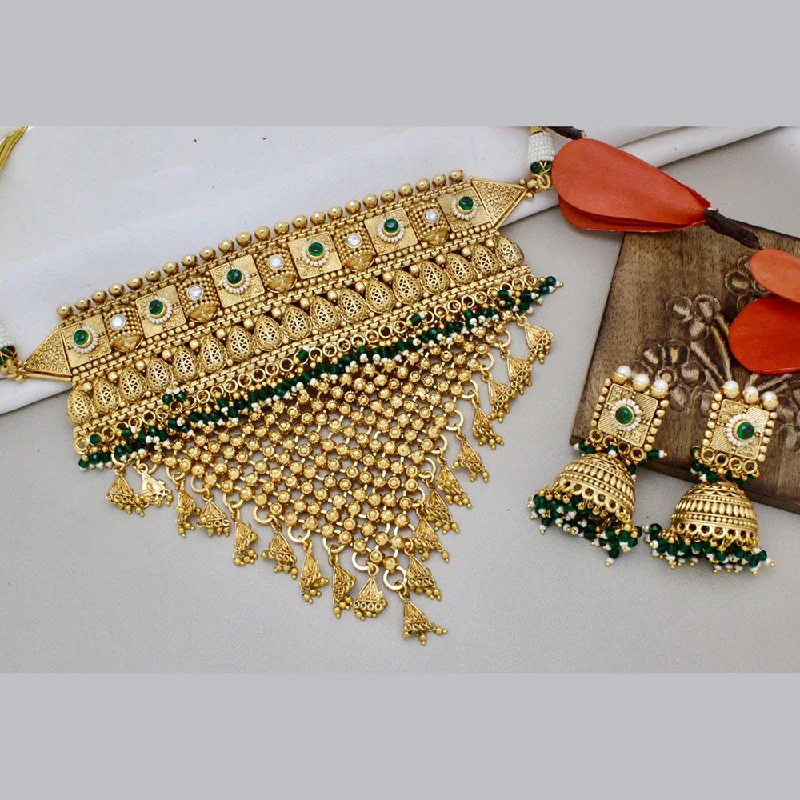 Designer Gold Necklace-India Art Gold Plated Pota Stone And Beads Choker Necklace Set