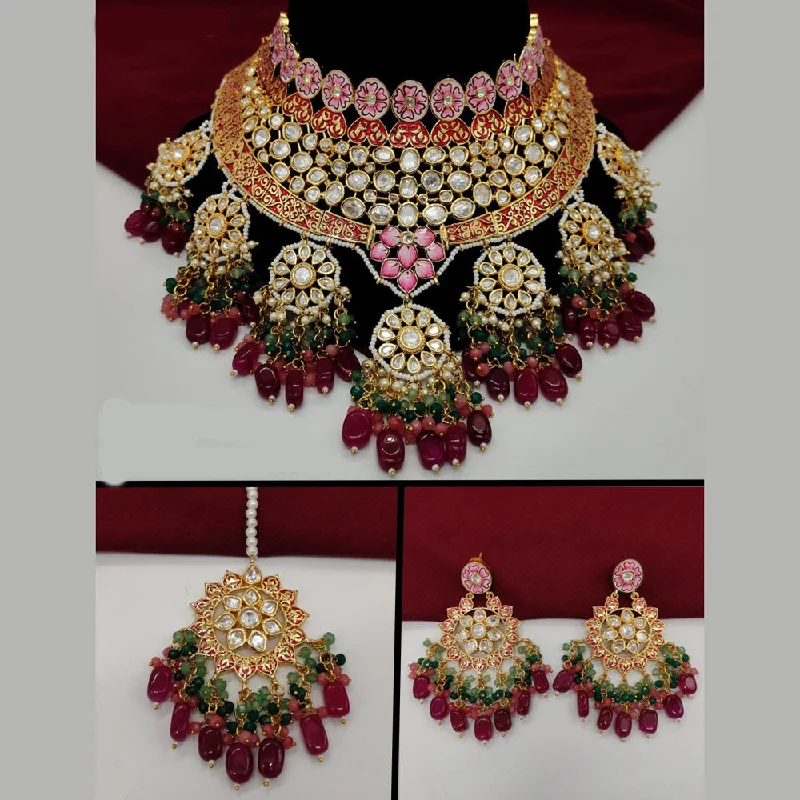 Custom Birthstone Jewelry Necklace-Amoliya Jewels Gold Plated Polki Kundan Stone And Beads Meenakari Choker Necklace Set