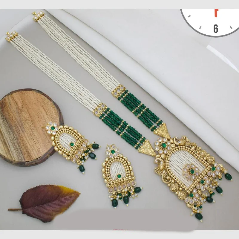 Customizable Birthstone Necklace-Manisha Jewellery Gold Plated Kundan Stone And Pearls Long Necklace Set