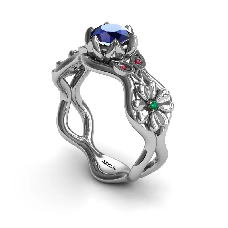 Silver Heart Ring-3 Stones Flower Cocktail Ring Blue Sapphire Ring- Kaylee no. 9