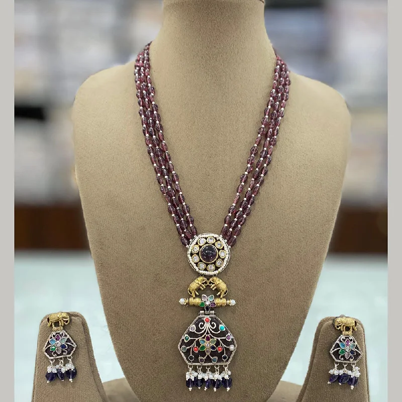 Statement Necklace for Weddings-Akruti Collection 2 Tone Plated Pota Stone And Beads Necklace Set