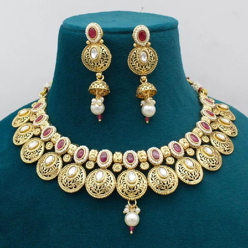 Multi-Colored Stone Necklace-Manisha Jewellery Gold Plated Pota Stone And Pearls Necklace Set