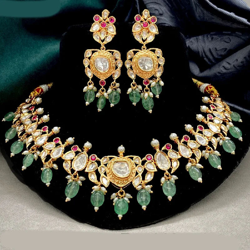 Silver Pendant Necklace-Royal Kundan Jewellery Gold Plated Polki Kundan And Beads Choker Necklace Set