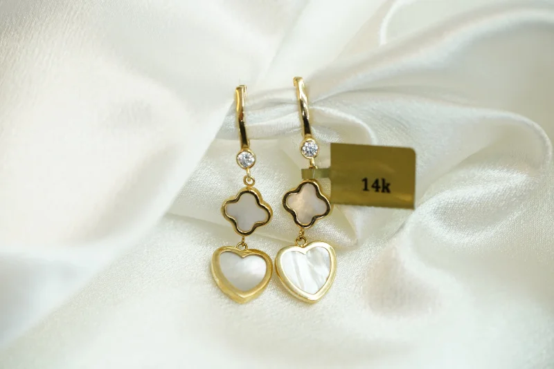 Artistic Pearl Earrings-14k White Heart and Flower Earrings