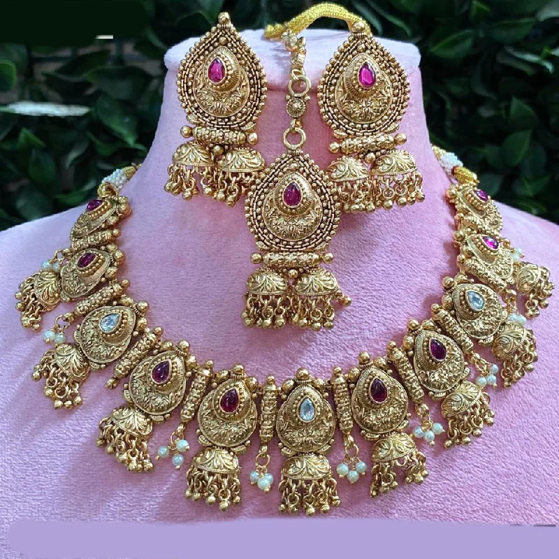 Celebrity Style Necklace-Royal Kundan Jewellery Gold Plated  Pota Stone And Pearls Choker Necklace Set