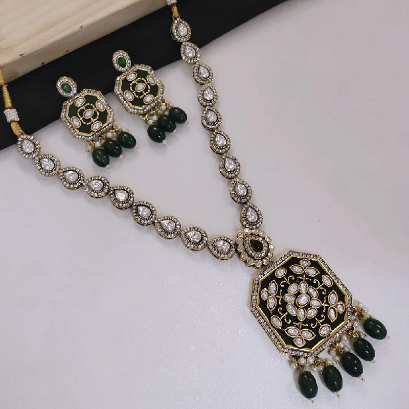 Retro Style Necklace-Lucentarts Jewellery Gold Plated Kundan Stone And Beads Necklace Set