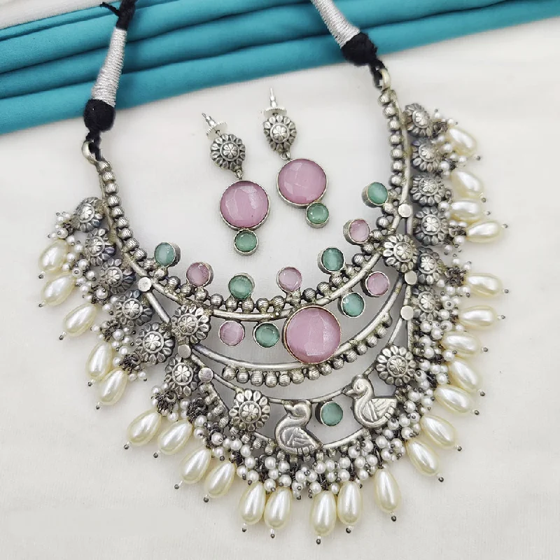 Statement Necklace for Weddings-Fancyla Oxidised Plated Pota Stone Necklace Set