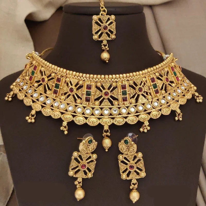 Gold Bead Necklace-FS Collection Gold Plated Pota Choker Necklace Set