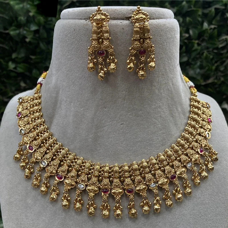 Romantic Heart Necklace-Amoliya Jewels Gold Plated Pota Stone And Pearls Necklace Set