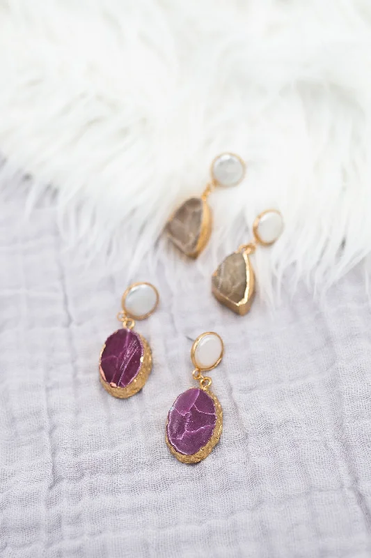 Oval Shaped Earrings-Geode and Pearl Post Earrings