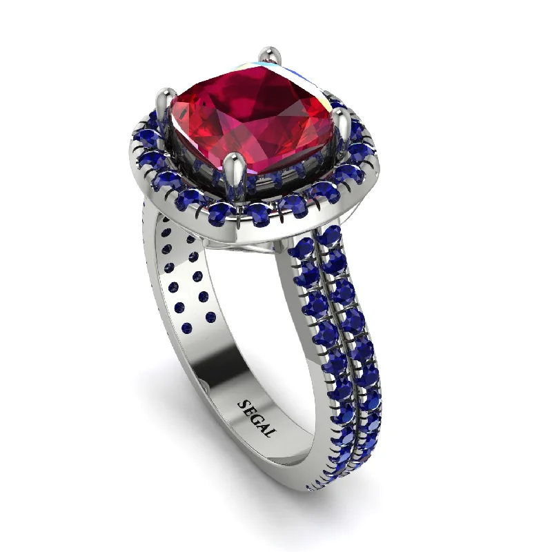 Titanium Men's Ring-Gorgeous Cushion Cut Ruby Pave Double Shank Engagement Ring With Hidden Stone - Kira No. 72