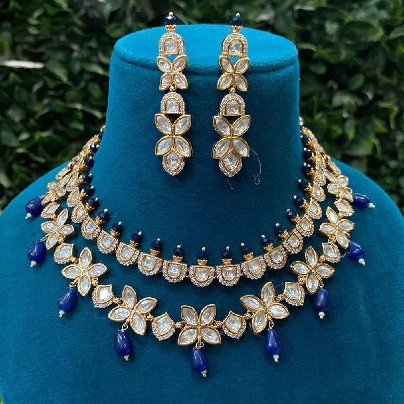 Double Layer Necklace-Amoliya Jewels Gold Plated Polki Kundan Stone And Beads Necklace Set