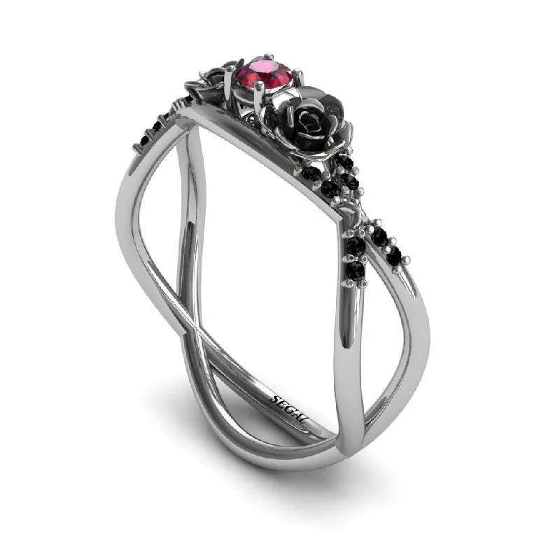 Gemstone Wedding Ring-Rose Engagement ring 14K White Gold Thin Elegant Flower Ring Ruby With Black Diamond - Stella no. 24