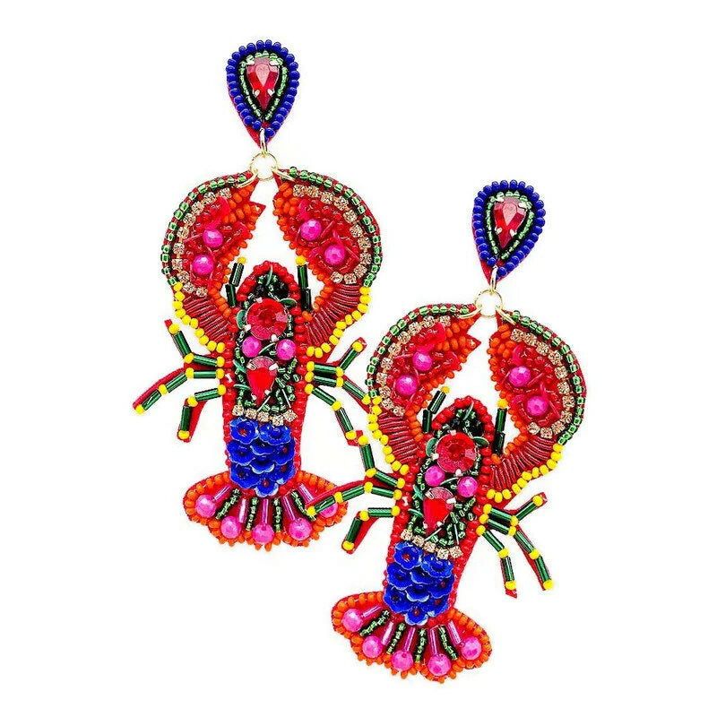 Tiny Stud Earrings-Beaded Earrings, Bright Lobsters