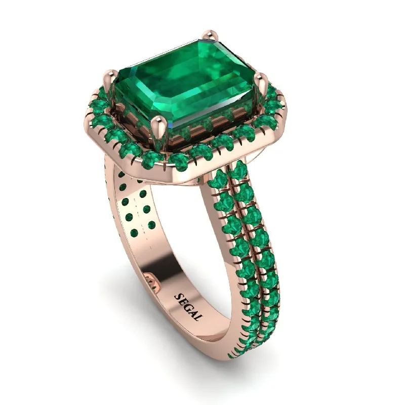 Custom Gold Name Ring-Gorgeous Emerald Cut Emerald Pave Double Shank Engagement Ring With Hidden Stone - Veronica No. 20