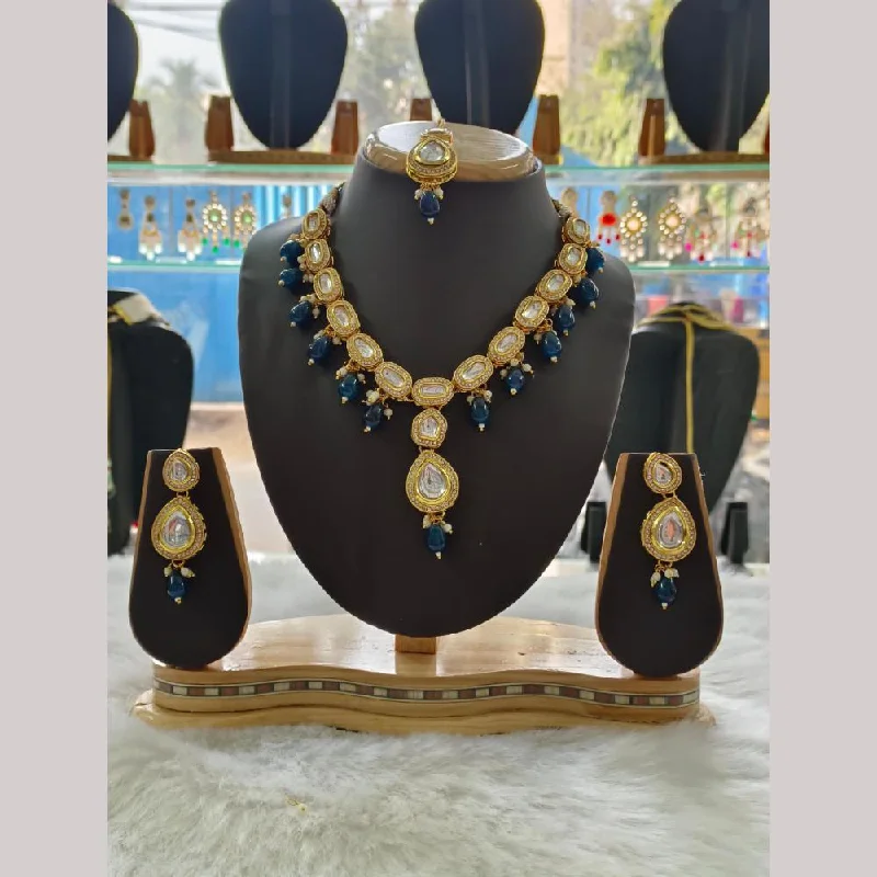 Silver Gemstone Necklace-Palak Art Gold Plated  Kundan Stone And Beads Necklace Set