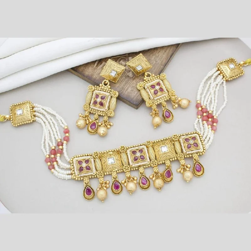 Gold Statement Necklace-Manisha Jewellery Gold Plated Pota Stone And Pearls Choker Necklace Set