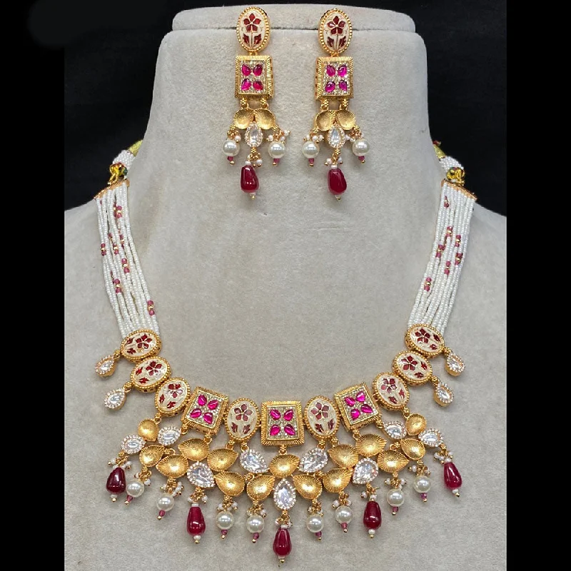 Pearl and Gold Necklace-Amoliya Jewels Gold Plated Polki Kundan Stone And Beads Meenakari Necklace Set