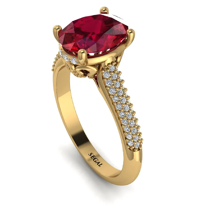 Handcrafted Silver Ring-Luxury Pave Oval Cut Ruby Engagement Ring With Hidden Stone - Ophelia No. 10