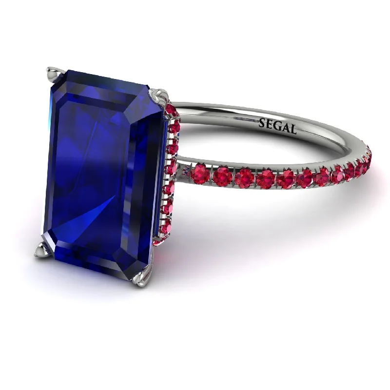 Customizable Name Ring-Hidden Halo Emerald Cut Sapphire Engagement Ring - Melodi No. 60