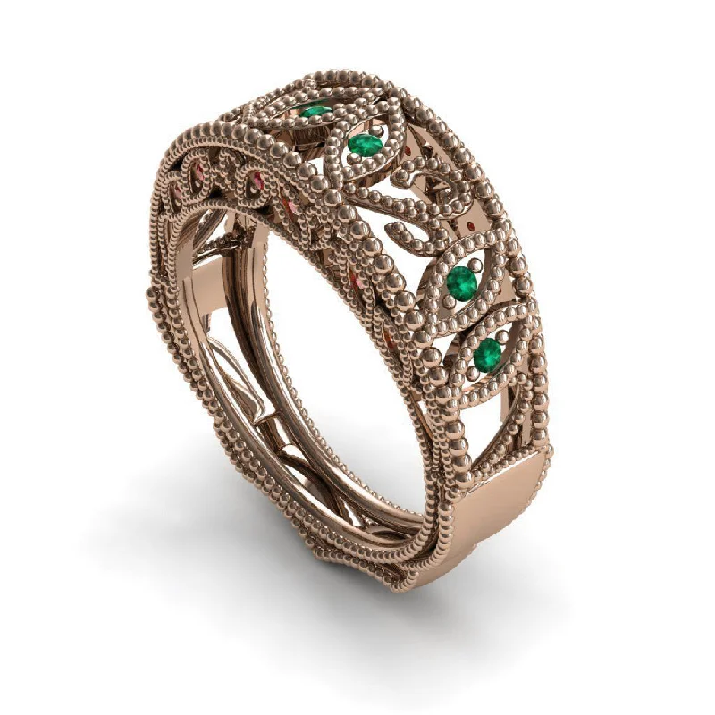 Simple Stacking Ring-Unique Engagement Ring 14K Rose Gold Vintage Art Deco Edwardian Ring Filigree Ring Green Emerald With Ruby - Gianna no. 11