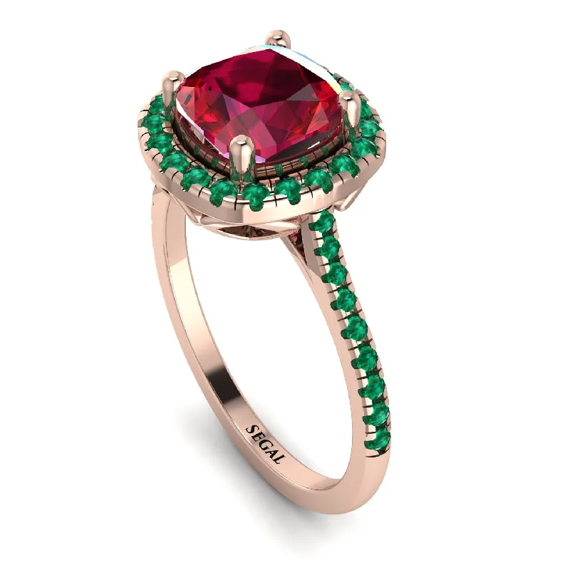 Designer Gold Ring-Gorgeous Cushion Cut Ruby Pave Engagement Ring With Hidden Stone - Kira No. 26