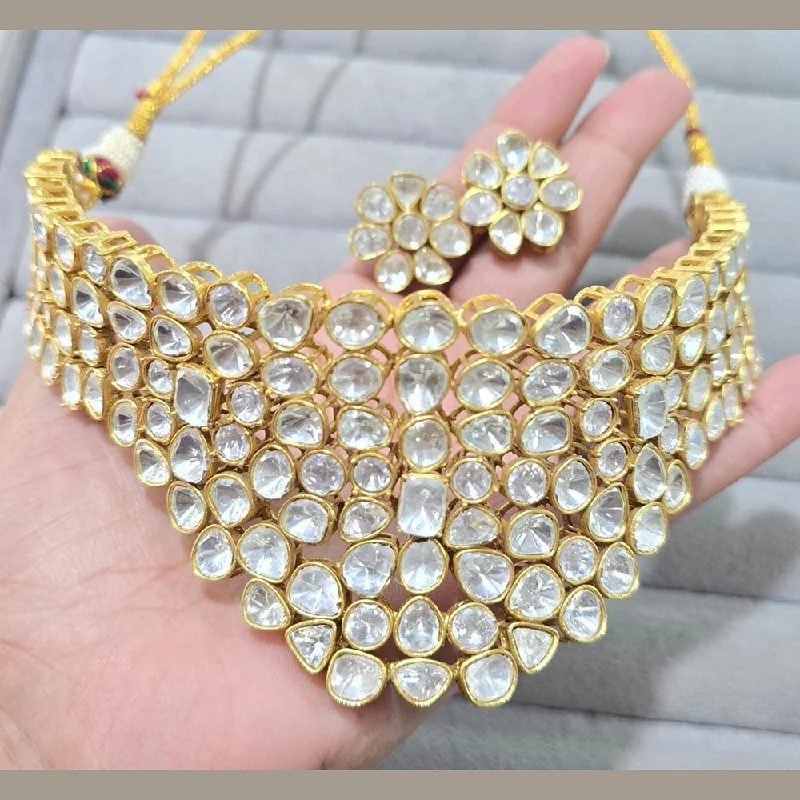 Gold Bangle Necklace-JCM Gold Plated Polki Kundan Stone Choker Necklace Set