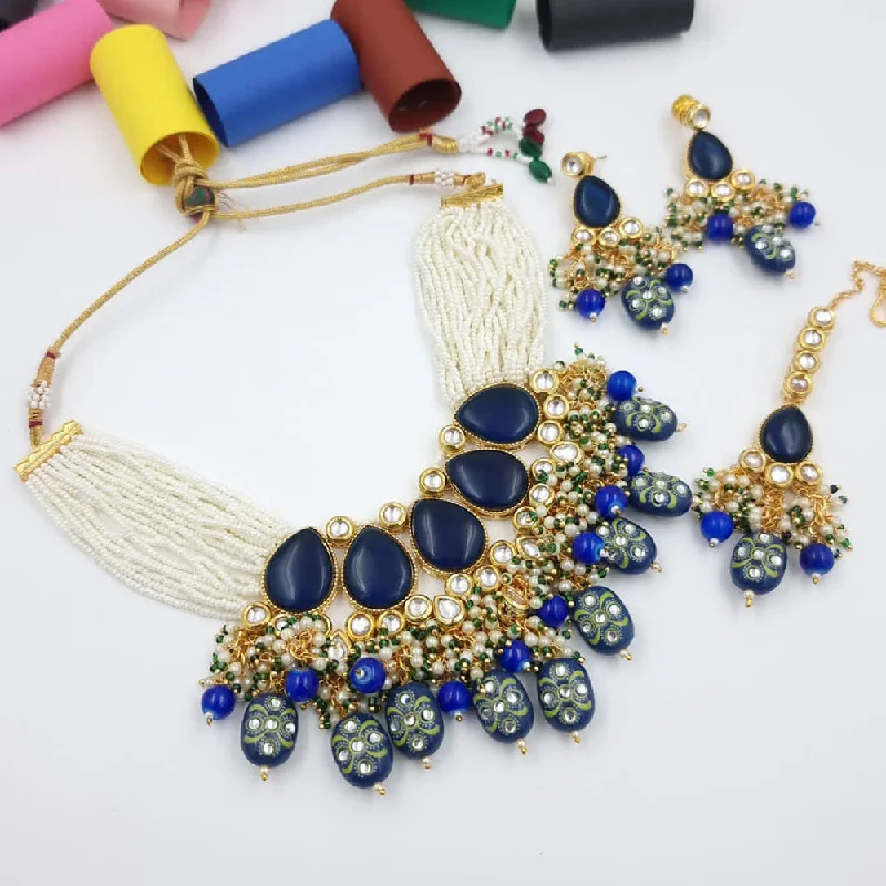 Vintage-inspired Choker Necklace-JCM Gold Plated Kundan Stone And Beads Choker Necklace Set