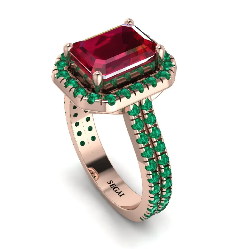 Designer Diamond Ring-Gorgeous Emerald Cut Ruby Pave Double Shank Engagement Ring With Hidden Stone - Veronica No. 26