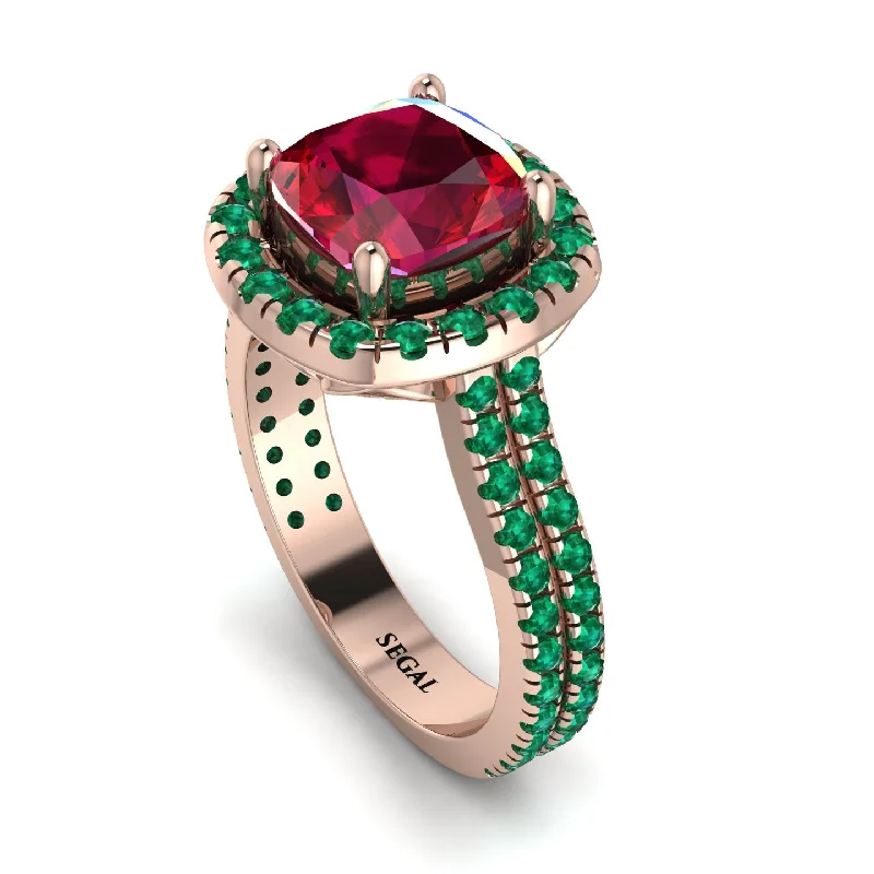 Large Gold Ring-Gorgeous Cushion Cut Ruby Pave Double Shank Engagement Ring With Hidden Stone - Kira No. 26