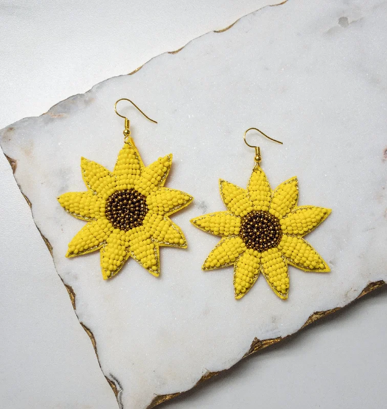 Large Gemstone Earrings-Beaded Earrings, Dangly Sunflowers